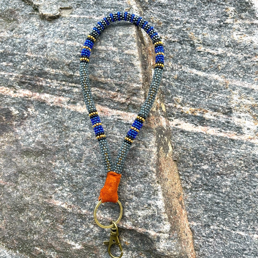 Grey and blue with gold accents beaded wristlet keychain